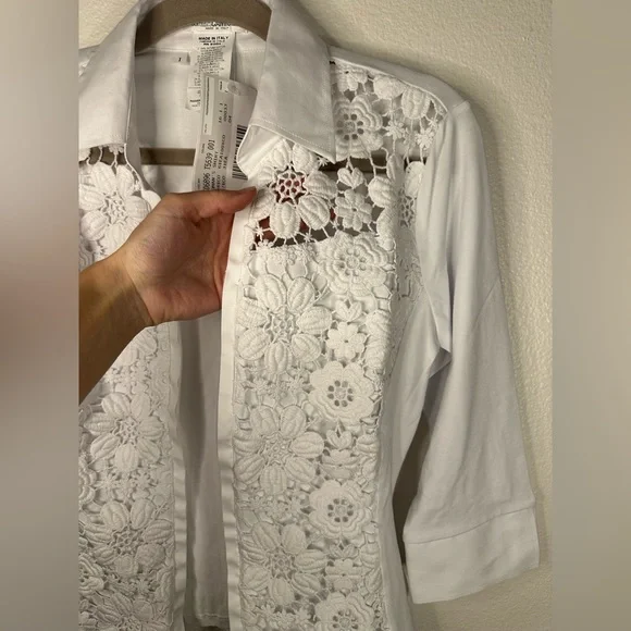 NaraCamicie | Italian Made White Zip Up 3/4 Sleeve Blouse - Picture 9 of 11